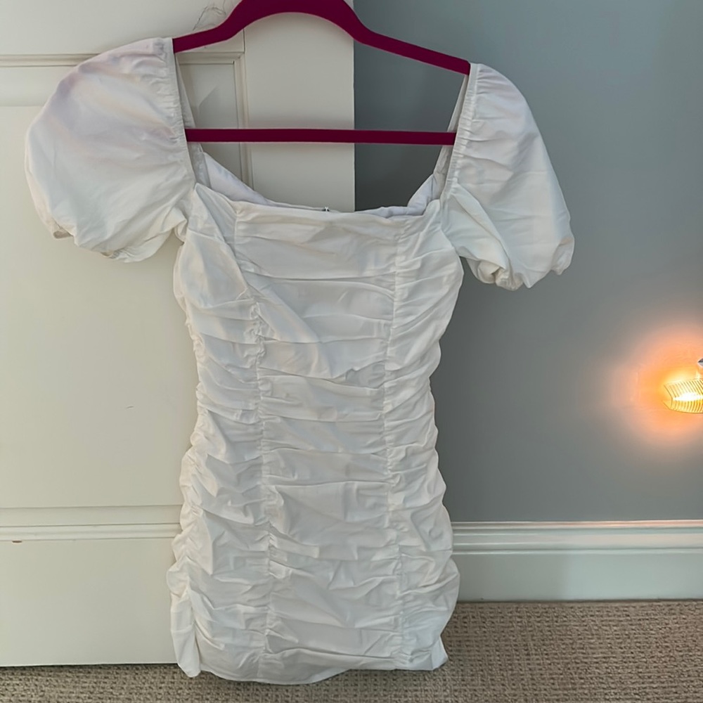 Super down ruched white mini dress